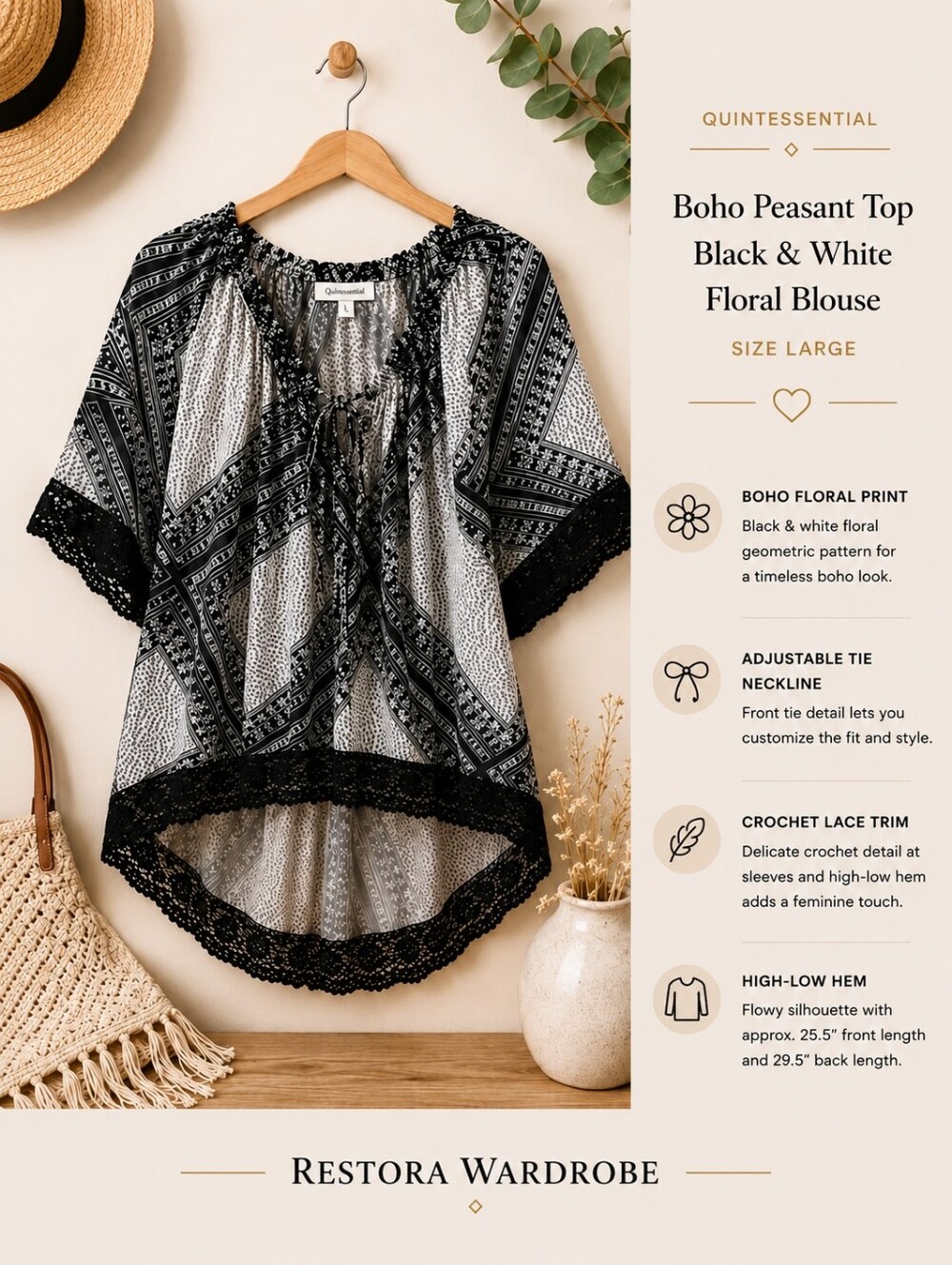 Quintessential Boho Peasant Top Black White Floral Blouse Large Cottagecore Lace